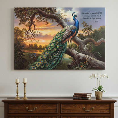 Beautiful Peacock canvas art print - with Psalm 104:24 quote - classic and elegant Peacock art