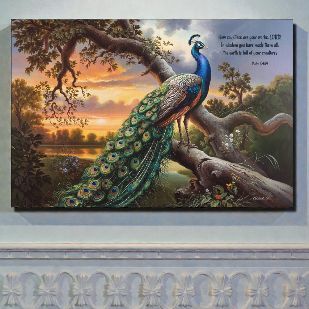 Peacock perched on a branch with a scenic background, framed on a wall.