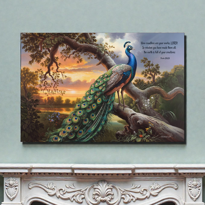 Beautiful Peacock canvas art print - with Psalm 104:24 quote - classic and elegant Peacock art