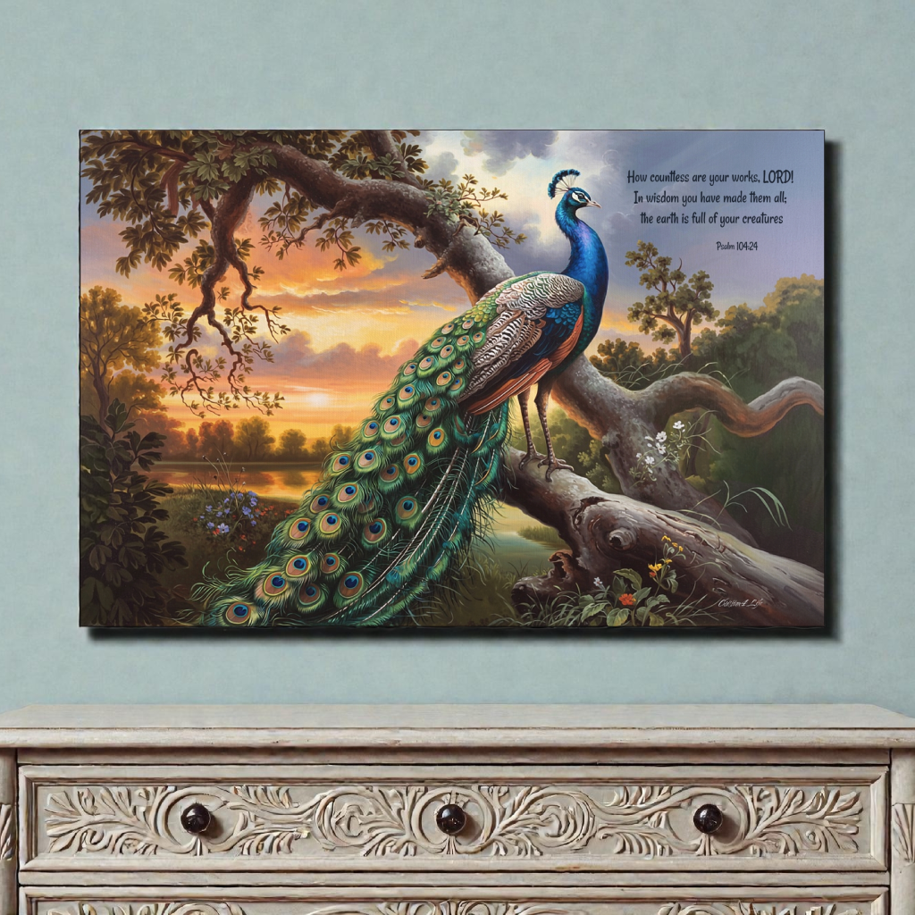 Beautiful Peacock canvas art print - with Psalm 104:24 quote - classic and elegant Peacock art