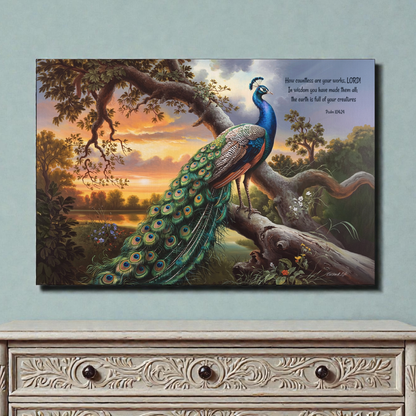 Beautiful Peacock canvas art print - with Psalm 104:24 quote - classic and elegant Peacock art