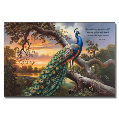 Beautiful Peacock canvas art print - with Psalm 104:24 quote - classic and elegant Peacock art