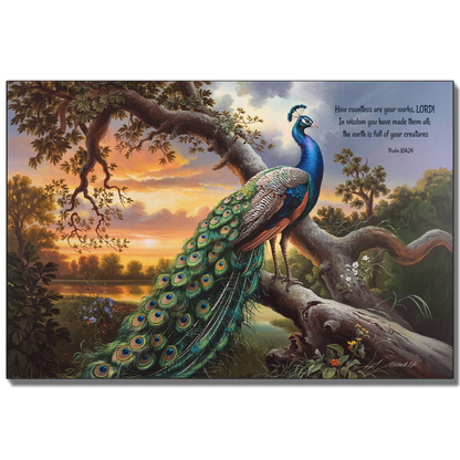 Beautiful Peacock canvas art print - with Psalm 104:24 quote - classic and elegant Peacock art