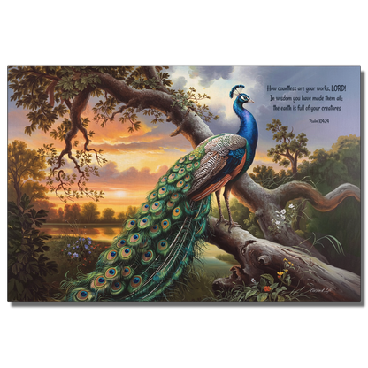 Beautiful Peacock canvas art print - with Psalm 104:24 quote - classic and elegant Peacock art