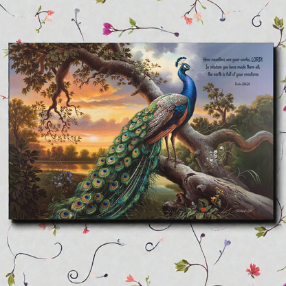 Beautiful Peacock canvas art print - with Psalm 104:24 quote - classic and elegant Peacock art