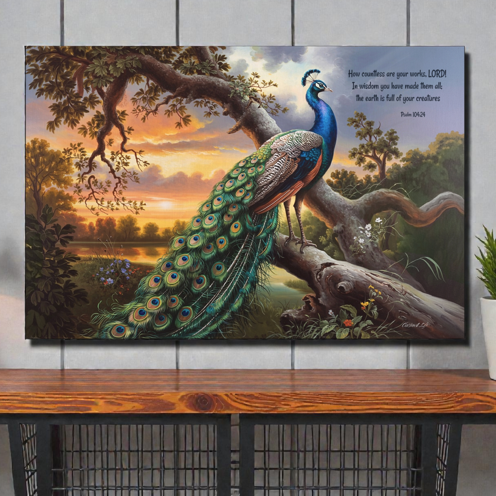 Beautiful Peacock canvas art print - with Psalm 104:24 quote - classic and elegant Peacock art