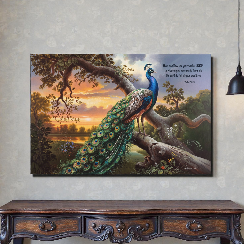 Beautiful Peacock canvas art print - with Psalm 104:24 quote - classic and elegant Peacock art
