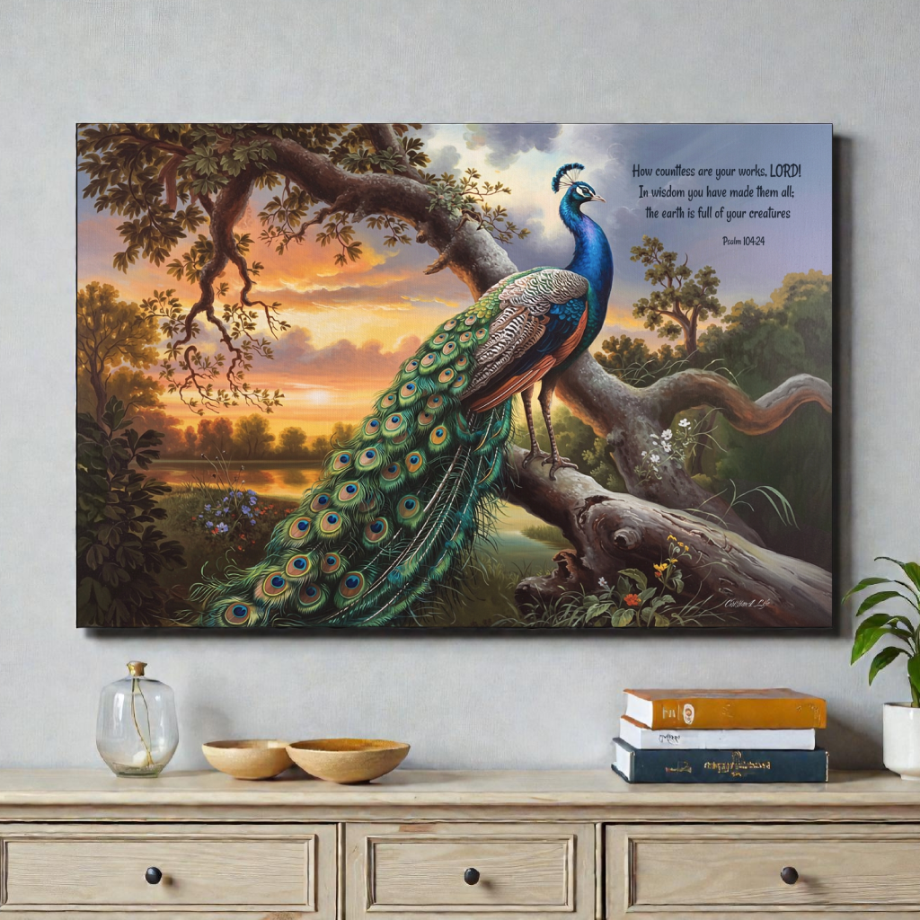 Beautiful Peacock canvas art print - with Psalm 104:24 quote - classic and elegant Peacock art