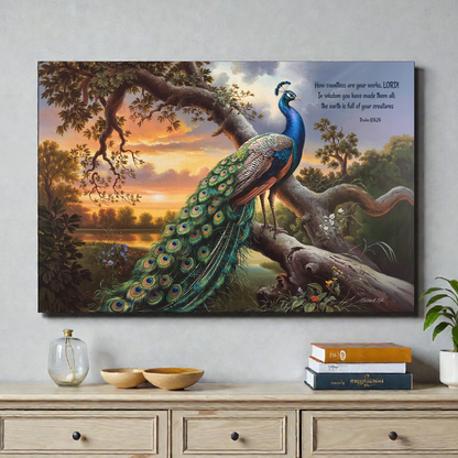 Beautiful Peacock canvas art print - with Psalm 104:24 quote - classic and elegant Peacock art