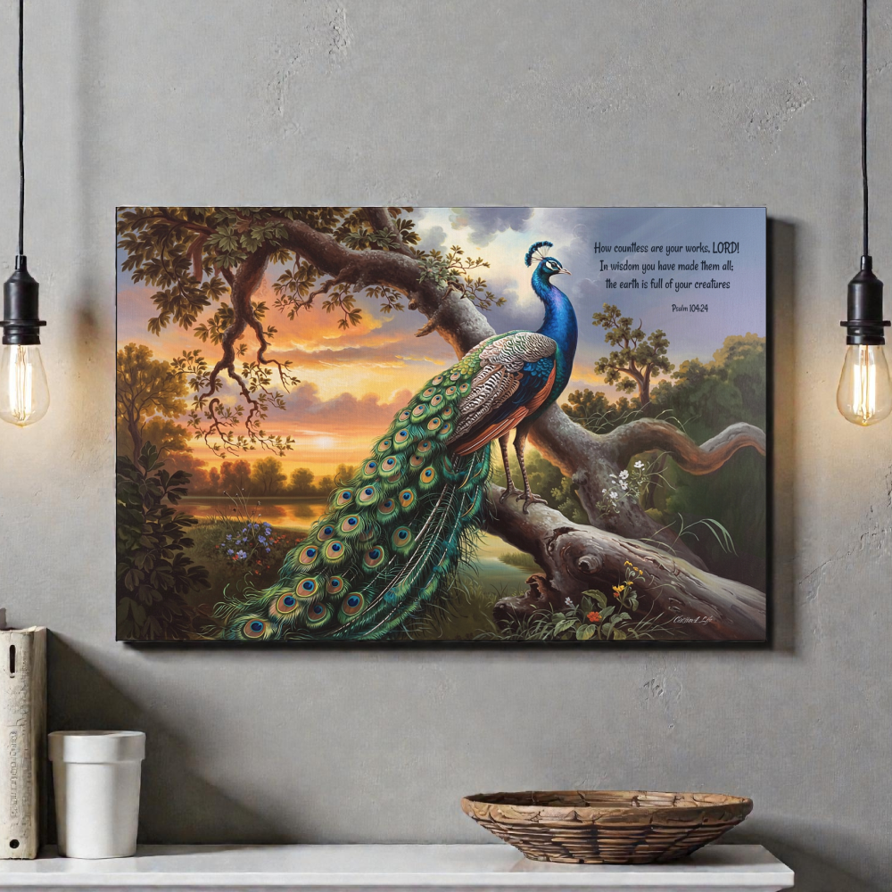 Beautiful Peacock canvas art print - with Psalm 104:24 quote - classic and elegant Peacock art