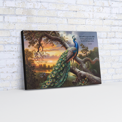 Beautiful Peacock canvas art print - with Psalm 104:24 quote - classic and elegant Peacock art