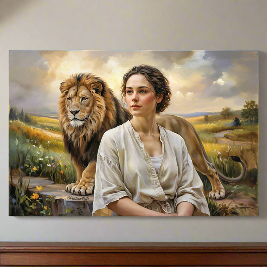A gallery-wrapped canvas featuring a painting of the Lion of Judah with a woman in a serene outdoor setting.