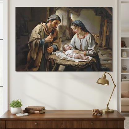 Painting of a nativity scene with Mary, Joseph and baby Jesus, on a wall above a wooden desk.