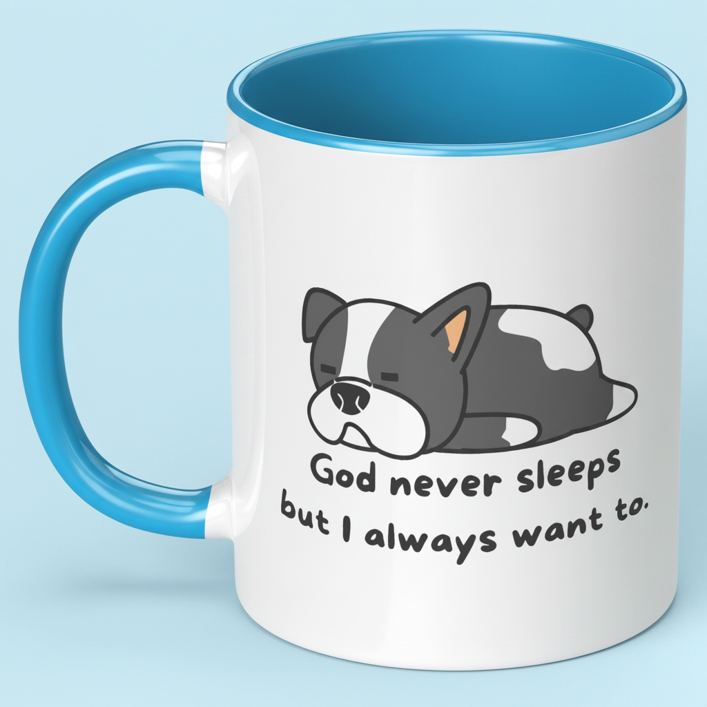 Mug with a cartoon dog and text on a light blue background