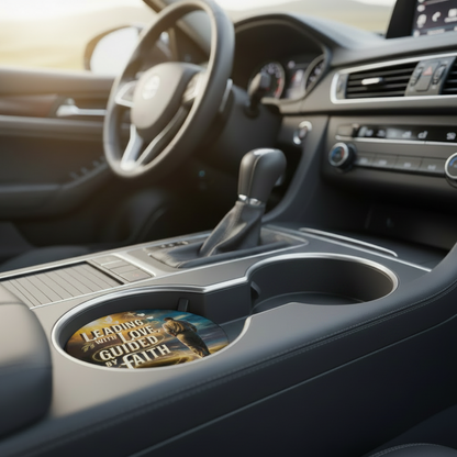 Car interior with a cup holder featuring a motivational coaster.