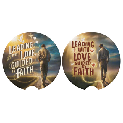 Two circular coasters with a man walking on a path, text 'Leading with Love, Guided by Faith', and a scenic background.