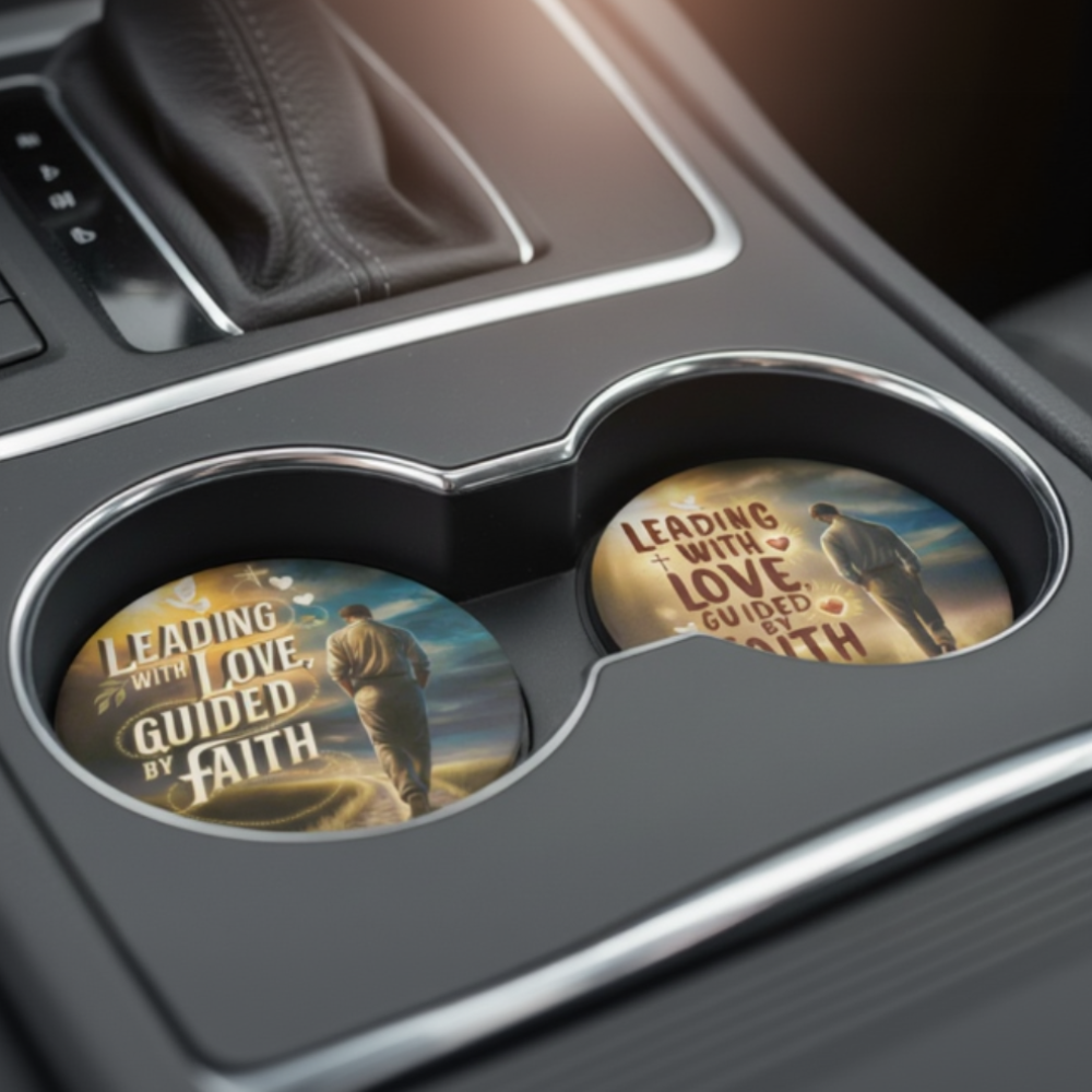 Two coasters with a motivational quote in a car's cup holder.