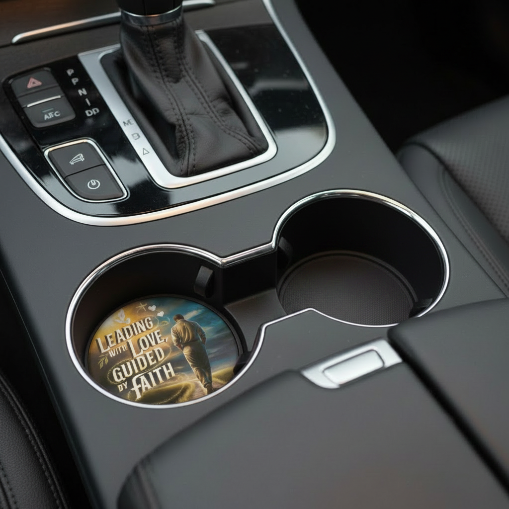 Car interior with a cup holder and gear shift, featuring a motivational coaster.