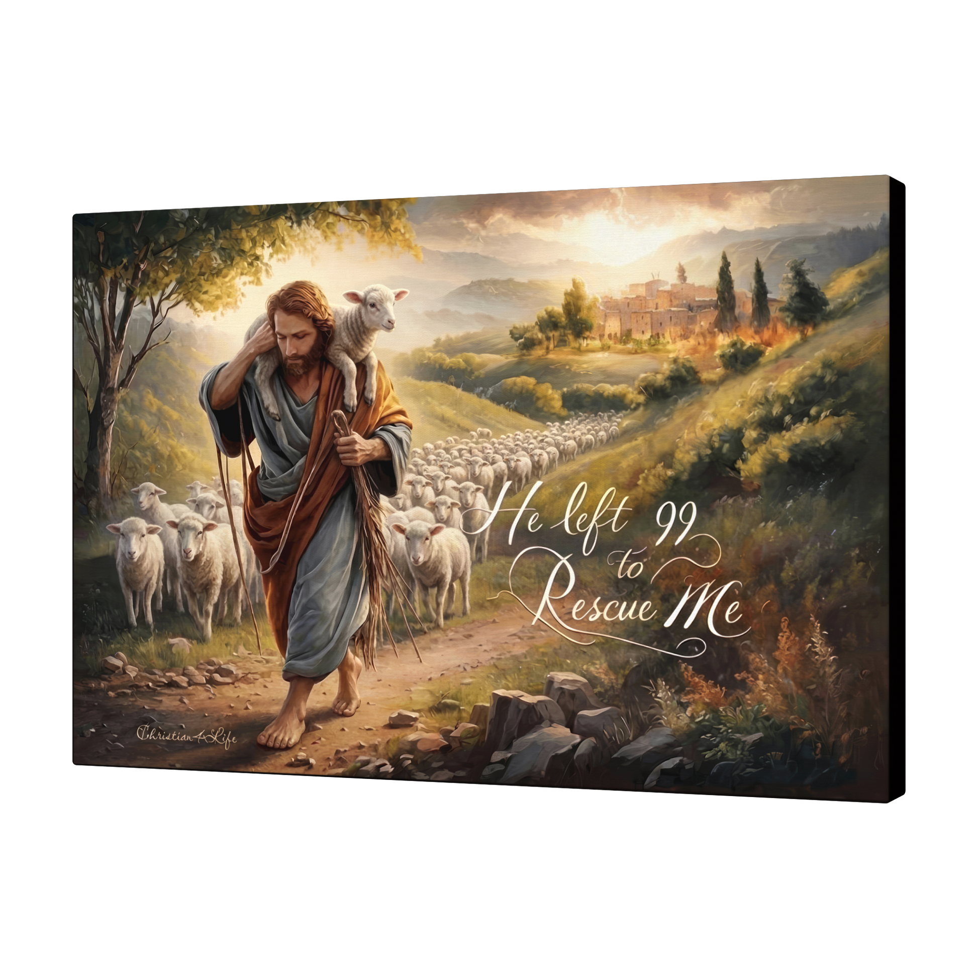 Canvas print of a shepherd with a lamb and a scenic landscape, featuring text.
