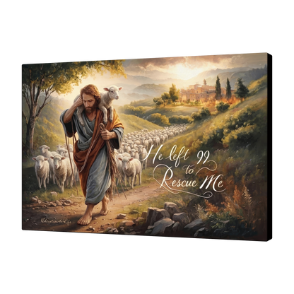 Canvas print of a shepherd with a lamb and a scenic landscape, featuring text.