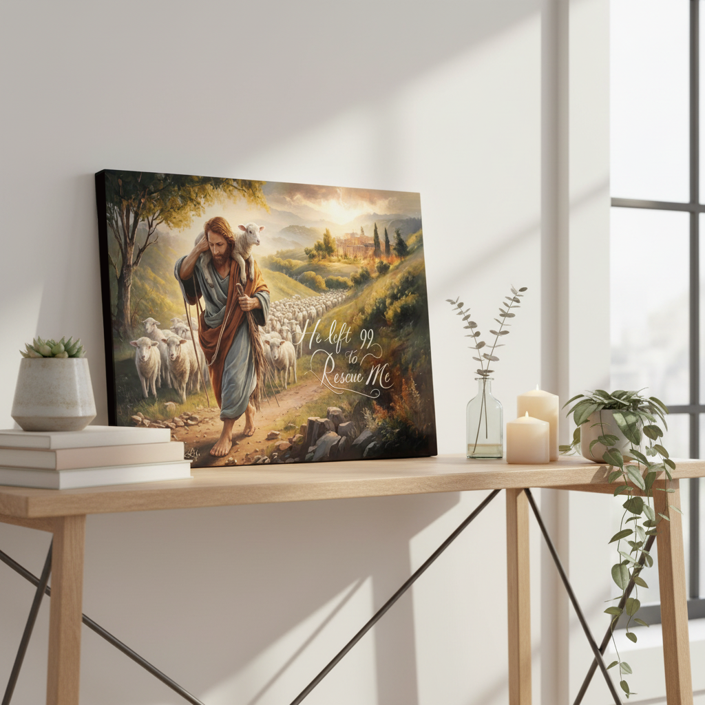 Canvas print of a shepherd with sheep on a table in a bright room.