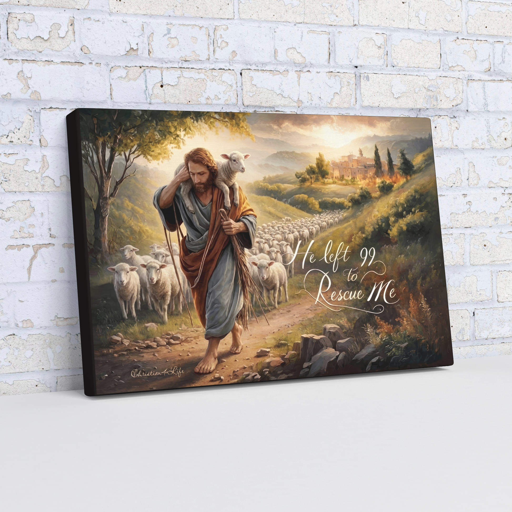 Canvas print of a religious scene with a shepherd and sheep against a brick wall.
