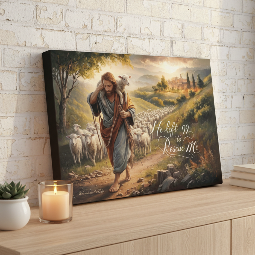 Canvas print of a shepherd with sheep on a wooden surface against a brick wall.