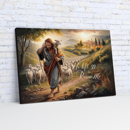 Canvas print of a shepherd with a lamb against a scenic background
