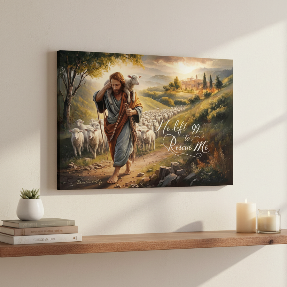 Canvas print of a shepherd with sheep on a wall above a wooden shelf.