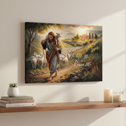 Canvas print of a shepherd with sheep on a wall above a wooden shelf.