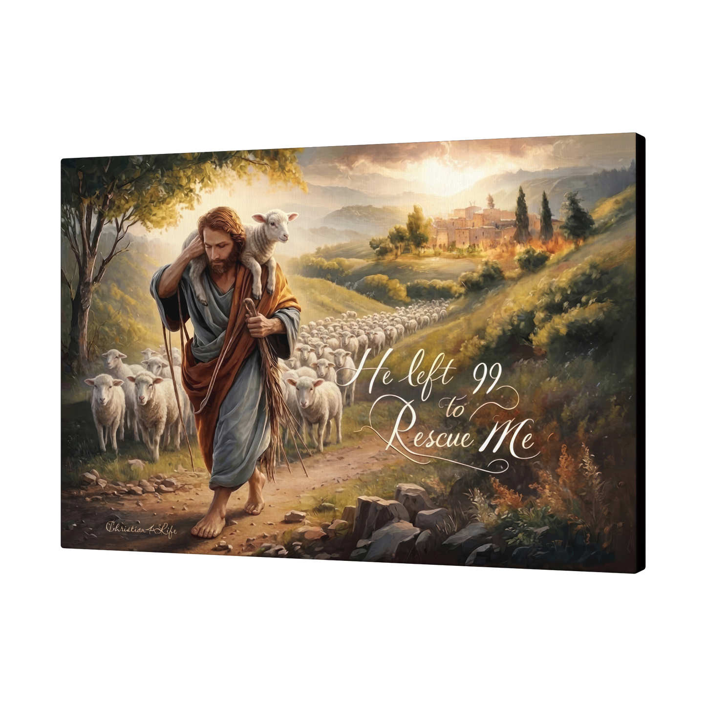 Canvas print of a religious scene with a shepherd and sheep, featuring text 'He left 99 to Rescue Me'.
