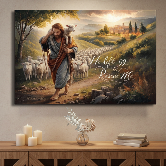 Painting of a shepherd with a lamb on a wall above a wooden console table.