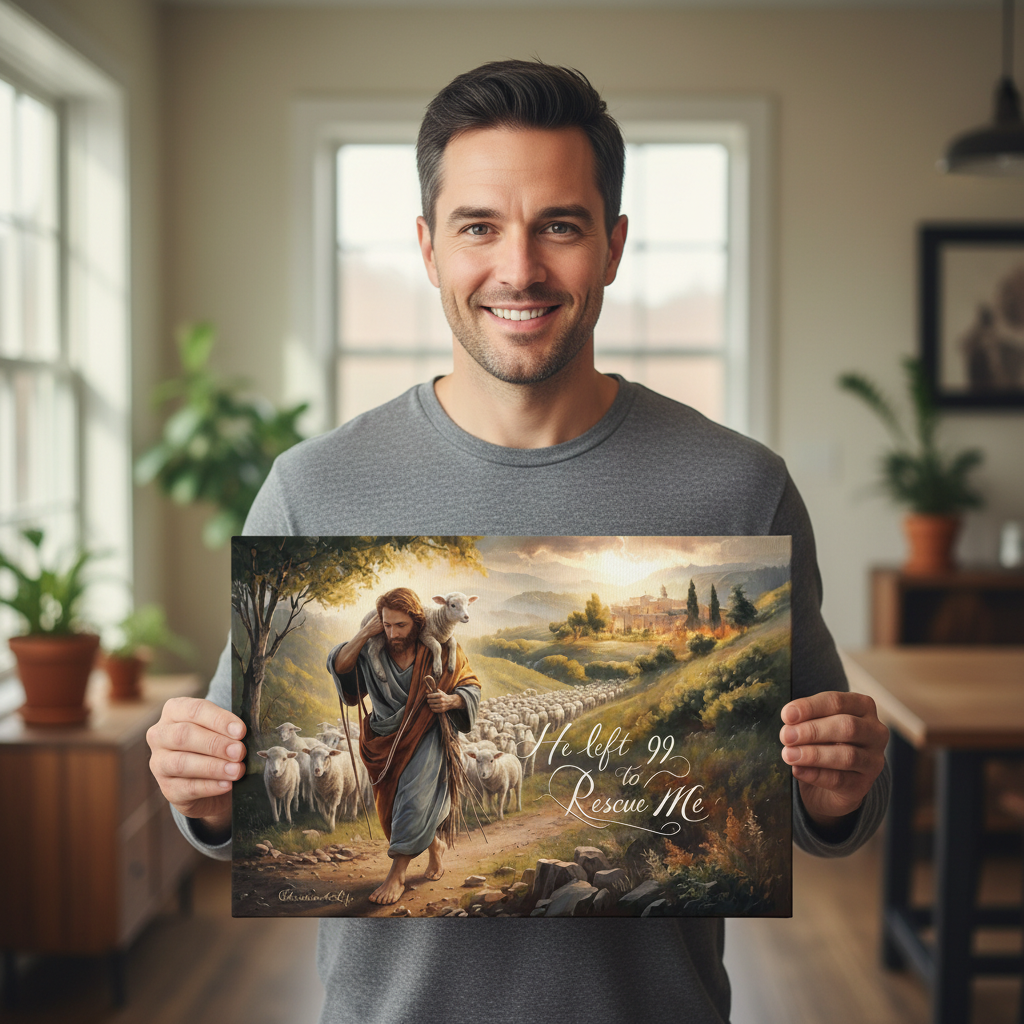 Man holding a print of a religious scene with a shepherd and sheep in a home setting.