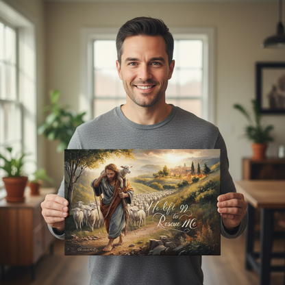 Man holding a print of a religious scene with a shepherd and sheep in a home setting.
