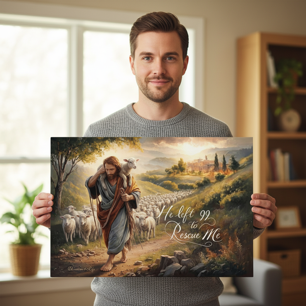 Man holding a poster of a religious scene with a shepherd and sheep.
