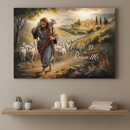 Canvas print of a religious scene with a shepherd and sheep on a wall above a shelf with decor items.
