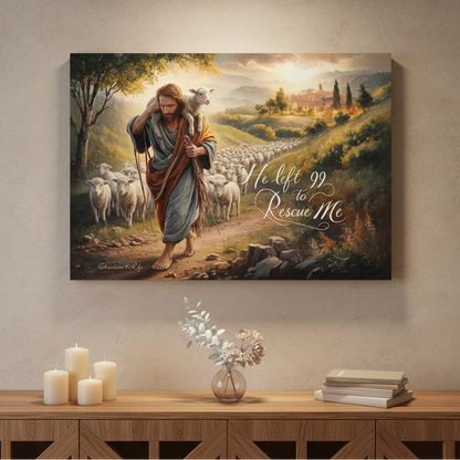 Painting of a shepherd with sheep on a wall above a wooden console table.