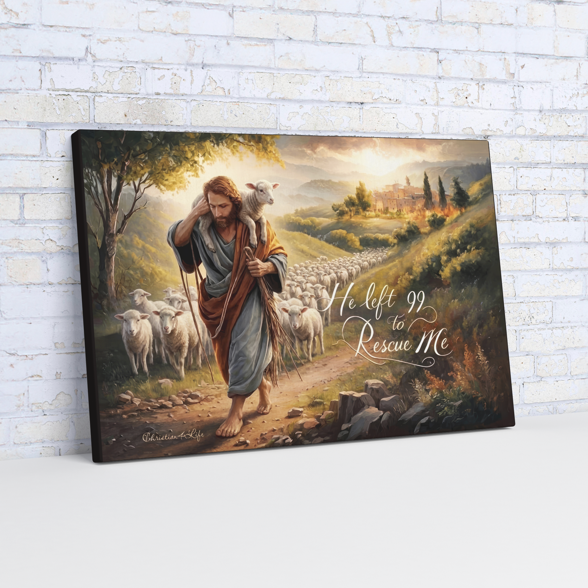 Canvas print of a shepherd with sheep and a mountainous landscape, leaning against a brick wall.