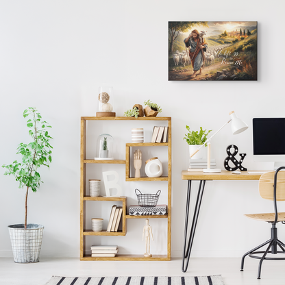 Modern home office with wooden shelves, desk, and decorative items.