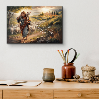 Canvas print of a shepherd with sheep on a wall above a wooden desk.