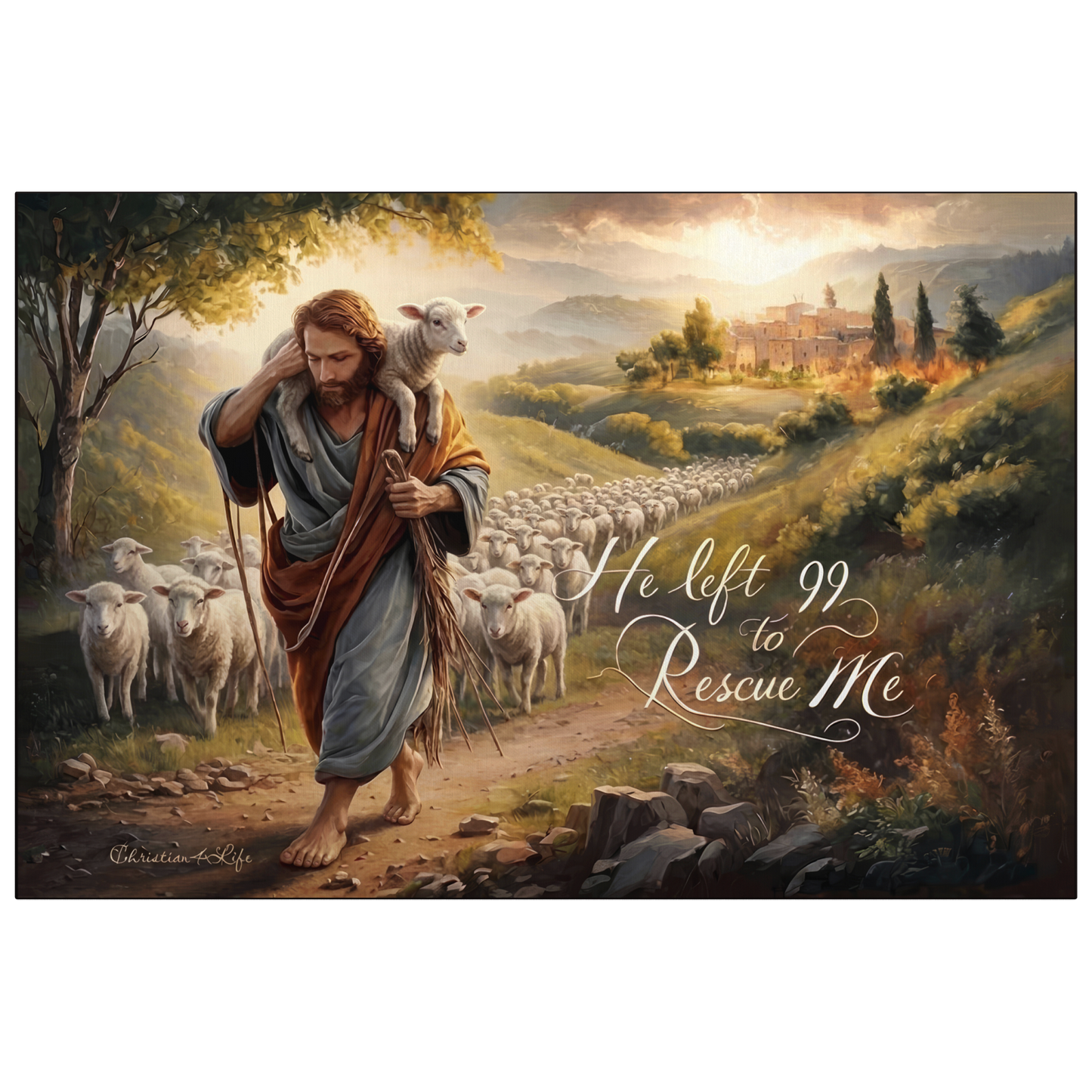 Painting of a shepherd with a lamb and a flock of sheep in a pastoral landscape.