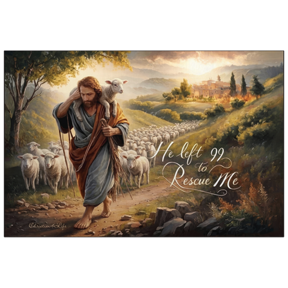 Painting of a shepherd with a lamb and a flock of sheep in a pastoral landscape.