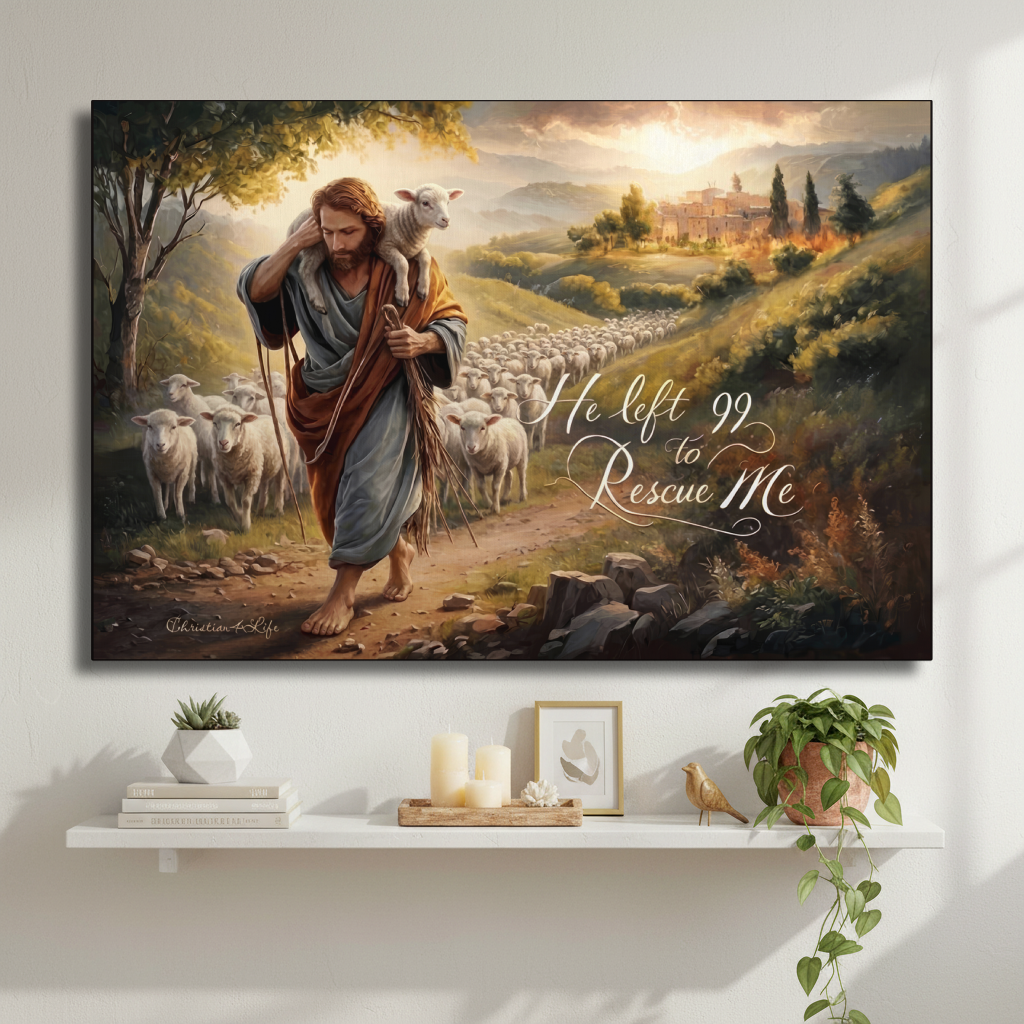 Painting of a shepherd with sheep and text on a wall above a shelf with decor items.