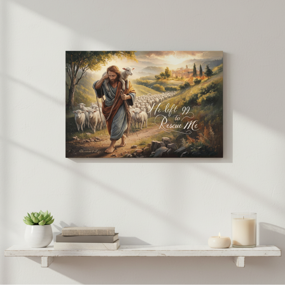 Framed artwork of a shepherd with sheep on a wall above a shelf with decor items.