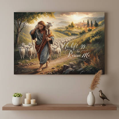 Painting of a shepherd with sheep and text on a wall above a shelf with decorative items.
