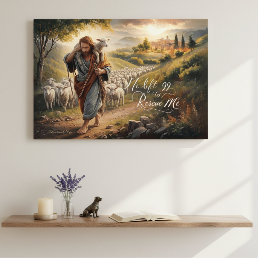 Canvas print of a shepherd with sheep in a scenic landscape, mounted on a wall above a wooden shelf.
