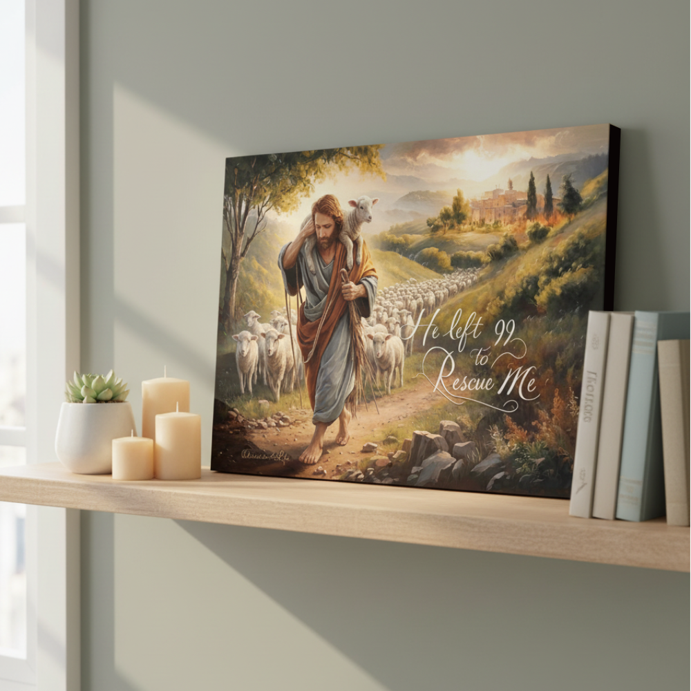 Canvas print of a religious scene with a shepherd and sheep on a shelf.
