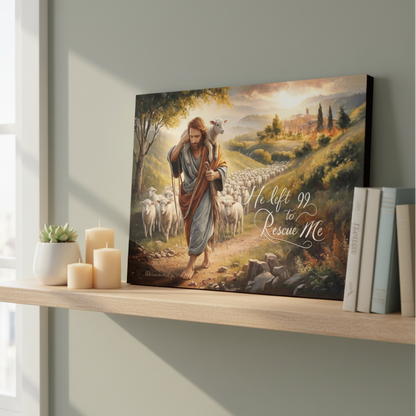 Canvas print of a religious scene with a shepherd and sheep on a shelf.