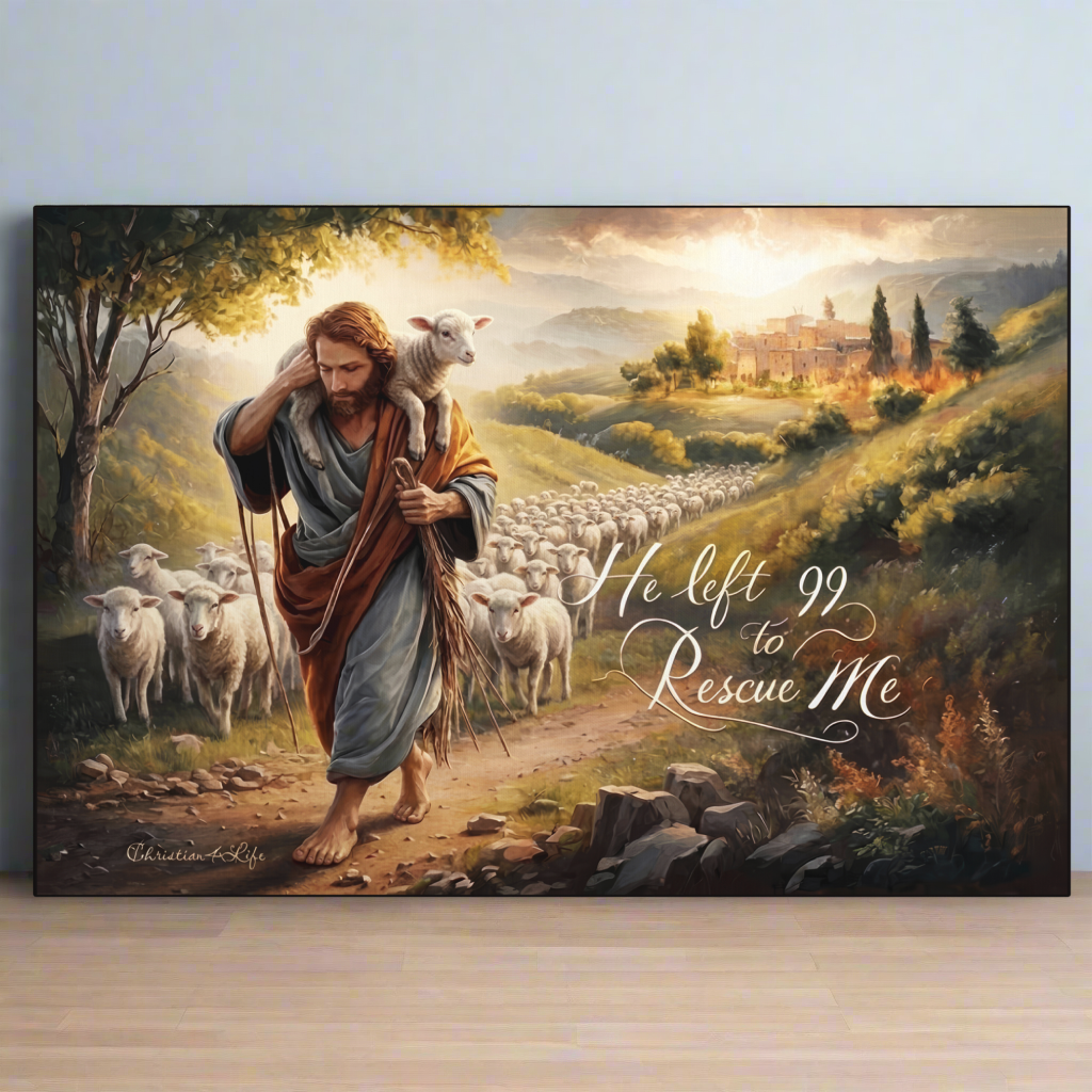 Painting of a shepherd with a lamb and a flock of sheep in a pastoral landscape.