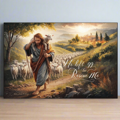 Painting of a shepherd with a lamb and a flock of sheep in a pastoral landscape.